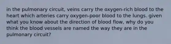 in the pulmonary circuit, veins carry the oxygen-rich blood to <a href='https://www.questionai.com/knowledge/kya8ocqc6o-the-heart' class='anchor-knowledge'>the heart</a> which arteries carry oxygen-poor blood to the lungs. given what you know about the direction of blood flow, why do you think <a href='https://www.questionai.com/knowledge/k7oXMfj7lk-the-blood' class='anchor-knowledge'>the blood</a> vessels are named the way they are in the pulmonary circuit?