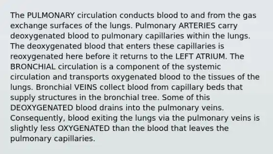 The PULMONARY circulation conducts blood to and from the <a href='https://www.questionai.com/knowledge/kU8LNOksTA-gas-exchange' class='anchor-knowledge'>gas exchange</a> surfaces of the lungs. Pulmonary ARTERIES carry deoxygenated blood to pulmonary capillaries within the lungs. The deoxygenated blood that enters these capillaries is reoxygenated here before it returns to the LEFT ATRIUM. The BRONCHIAL circulation is a component of the systemic circulation and transports oxygenated blood to the tissues of the lungs. Bronchial VEINS collect blood from capillary beds that supply structures in the bronchial tree. Some of this DEOXYGENATED blood drains into the pulmonary veins. Consequently, blood exiting the lungs via the pulmonary veins is slightly less OXYGENATED than <a href='https://www.questionai.com/knowledge/k7oXMfj7lk-the-blood' class='anchor-knowledge'>the blood</a> that leaves the pulmonary capillaries.