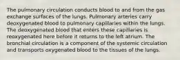 The pulmonary circulation conducts blood to and from the gas exchange surfaces of the lungs. Pulmonary arteries carry deoxygenated blood to pulmonary capillaries within the lungs. The deoxygenated blood that enters these capillaries is reoxygenated here before it returns to the left atrium. The bronchial circulation is a component of the systemic circulation and transports oxygenated blood to the tissues of the lungs.