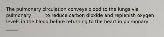 The pulmonary circulation conveys blood to the lungs via pulmonary _____ to reduce carbon dioxide and replenish oxygen levels in the blood before returning to the heart in pulmonary _____.