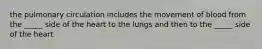 the pulmonary circulation includes the movement of blood from the _____ side of the heart to the lungs and then to the _____ side of the heart