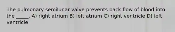 The pulmonary semilunar valve prevents back flow of blood into the _____. A) right atrium B) left atrium C) right ventricle D) left ventricle