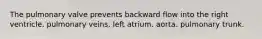 The pulmonary valve prevents backward flow into the right ventricle. pulmonary veins. left atrium. aorta. pulmonary trunk.