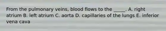 From the pulmonary veins, blood flows to the _____. A. right atrium B. left atrium C. aorta D. capillaries of the lungs E. inferior vena cava