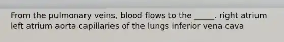 From the pulmonary veins, blood flows to the _____. right atrium left atrium aorta capillaries of the lungs inferior vena cava