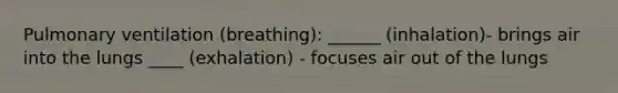Pulmonary ventilation (breathing): ______ (inhalation)- brings air into the lungs ____ (exhalation) - focuses air out of the lungs