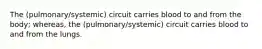 The (pulmonary/systemic) circuit carries blood to and from the body; whereas, the (pulmonary/systemic) circuit carries blood to and from the lungs.