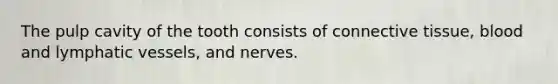 The pulp cavity of the tooth consists of <a href='https://www.questionai.com/knowledge/kYDr0DHyc8-connective-tissue' class='anchor-knowledge'>connective tissue</a>, blood and <a href='https://www.questionai.com/knowledge/ki6sUebkzn-lymphatic-vessels' class='anchor-knowledge'>lymphatic vessels</a>, and nerves.