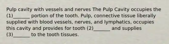 Pulp cavity with vessels and nerves The Pulp Cavity occupies the (1)_______ portion of the tooth. Pulp, <a href='https://www.questionai.com/knowledge/kYDr0DHyc8-connective-tissue' class='anchor-knowledge'>connective tissue</a> liberally supplied with <a href='https://www.questionai.com/knowledge/kZJ3mNKN7P-blood-vessels' class='anchor-knowledge'>blood vessels</a>, nerves, and lymphatics, occupies this cavity and provides for tooth (2)_______ and supplies (3)_______ to the tooth tissues.