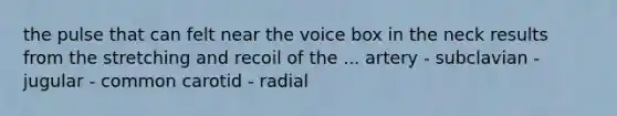 the pulse that can felt near the voice box in the neck results from the stretching and recoil of the ... artery - subclavian - jugular - common carotid - radial