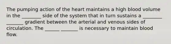 The pumping action of the heart maintains a high blood volume in the ________ side of the system that in turn sustains a ________ _______ gradient between the arterial and venous sides of circulation. The ______ _______ is necessary to maintain blood flow.