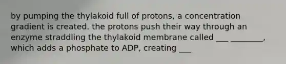 by pumping the thylakoid full of protons, a concentration gradient is created. the protons push their way through an enzyme straddling the thylakoid membrane called ___ ________, which adds a phosphate to ADP, creating ___