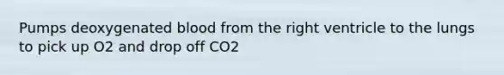 Pumps deoxygenated blood from the right ventricle to the lungs to pick up O2 and drop off CO2