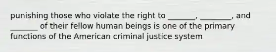 punishing those who violate the right to _______, ________, and _______ of their fellow human beings is one of the primary functions of the American criminal justice system