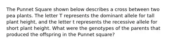 The Punnet Square shown below describes a cross between two pea plants. The letter T represents the dominant allele for tall plant height, and the letter t represents the recessive allele for short plant height. What were the genotypes of the parents that produced the offspring in the Punnet square?