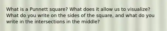 What is a Punnett square? What does it allow us to visualize? What do you write on the sides of the square, and what do you write in the intersections in the middle?