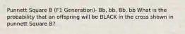 Punnett Square B (F1 Generation)- Bb, bb, Bb, bb What is the probability that an offspring will be BLACK in the cross shown in punnett Square B?