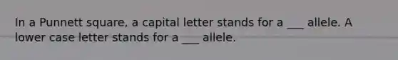 In a Punnett square, a capital letter stands for a ___ allele. A lower case letter stands for a ___ allele.