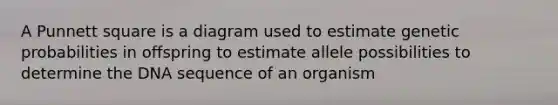A Punnett square is a diagram used to estimate genetic probabilities in offspring to estimate allele possibilities to determine the DNA sequence of an organism
