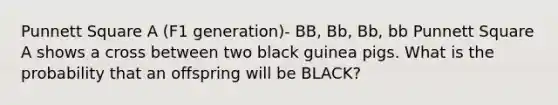 Punnett Square A (F1 generation)- BB, Bb, Bb, bb Punnett Square A shows a cross between two black guinea pigs. What is the probability that an offspring will be BLACK?