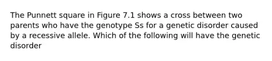 The Punnett square in Figure 7.1 shows a cross between two parents who have the genotype Ss for a genetic disorder caused by a recessive allele. Which of the following will have the genetic disorder