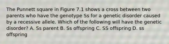 The Punnett square in Figure 7.1 shows a cross between two parents who have the genotype Ss for a genetic disorder caused by a recessive allele. Which of the following will have the genetic disorder? A. Ss parent B. Ss offspring C. SS offspring D. ss offspring