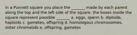 in a Punnett square you place the _______ made by each parent along the top and the left side of the square. the boxes inside the square represent possible _______ a. eggs, sperm b. diploids, haploids c. gametes, offspring d. homologous chromosomes, sister chromatids e. offspring, gametes