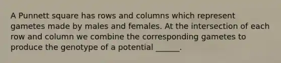 A Punnett square has rows and columns which represent gametes made by males and females. At the intersection of each row and column we combine the corresponding gametes to produce the genotype of a potential ______.