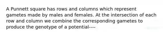 A Punnett square has rows and columns which represent gametes made by males and females. At the intersection of each row and column we combine the corresponding gametes to produce the genotype of a potential----