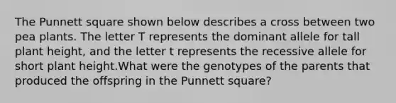 The Punnett square shown below describes a cross between two pea plants. The letter T represents the dominant allele for tall plant height, and the letter t represents the recessive allele for short plant height.​​What were the genotypes of the parents that produced the offspring in the Punnett square?