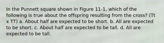 In the Punnett square shown in Figure 11-1, which of the following is true about the offspring resulting from the cross? (Tt x TT) a. About half are expected to be short. b. All are expected to be short. c. About half are expected to be tall. d. All are expected to be tall.