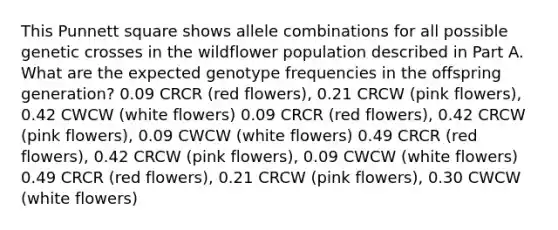 This Punnett square shows allele combinations for all possible genetic crosses in the wildflower population described in Part A. What are the expected genotype frequencies in the offspring generation? 0.09 CRCR (red flowers), 0.21 CRCW (pink flowers), 0.42 CWCW (white flowers) 0.09 CRCR (red flowers), 0.42 CRCW (pink flowers), 0.09 CWCW (white flowers) 0.49 CRCR (red flowers), 0.42 CRCW (pink flowers), 0.09 CWCW (white flowers) 0.49 CRCR (red flowers), 0.21 CRCW (pink flowers), 0.30 CWCW (white flowers)