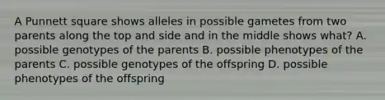 A Punnett square shows alleles in possible gametes from two parents along the top and side and in the middle shows what? A. possible genotypes of the parents B. possible phenotypes of the parents C. possible genotypes of the offspring D. possible phenotypes of the offspring