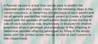 A Punnett square is a tool that can be used to predict the expected ratios of a genetic cross. List the following steps in the correct sequence. a) Determine the genotype of each parent and list all gamete possibilities from each parent b) Create a Punnett square with the gametes of each parent listed across the top or side of each column or row, respectively c) Analyze the relative proportion of each genotype and phenotype of the offspring d) Determine possible offspring genotypes by filling in the empty boxes with the symbol across the top or side of each column or row, respectively