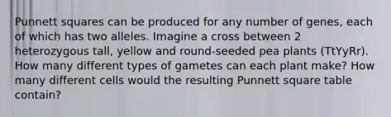 Punnett squares can be produced for any number of genes, each of which has two alleles. Imagine a cross between 2 heterozygous tall, yellow and round-seeded pea plants (TtYyRr). How many different types of gametes can each plant make? How many different cells would the resulting Punnett square table contain?