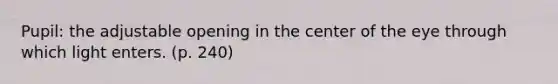 Pupil: the adjustable opening in the center of the eye through which light enters. (p. 240)