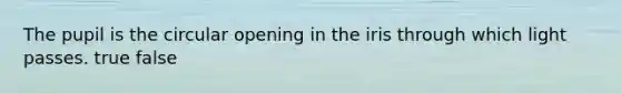 The pupil is the circular opening in the iris through which light passes. true false