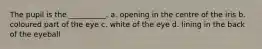 The pupil is the __________. a. opening in the centre of the iris b. coloured part of the eye c. white of the eye d. lining in the back of the eyeball