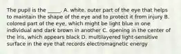 The pupil is the _____. A. white, outer part of the eye that helps to maintain the shape of the eye and to protect it from injury B. colored part of the eye, which might be light blue in one individual and dark brown in another C. opening in the center of the iris, which appears black D. multilayered light-sensitive surface in the eye that records electromagnetic energy