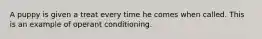 A puppy is given a treat every time he comes when called. This is an example of operant conditioning.