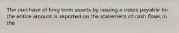 The purchase of long term assets by issuing a notes payable for the entire amount is reported on the statement of cash flows in the