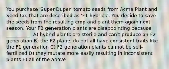 You purchase 'Super-Duper' tomato seeds from Acme Plant and Seed Co. that are described as 'F1 hybrids'. You decide to save the seeds from the resulting crop and plant them again next season. Your F2 generation plants are disappointing because __________. A) hybrid plants are sterile and can't produce an F2 generation B) the F2 plants do not all have consistent traits like the F1 generation C) F2 generation plants cannot be self-fertilized D) they mutate more easily resulting in inconsistent plants E) all of the above