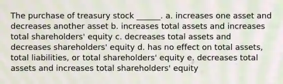 The purchase of treasury stock ______. a. increases one asset and decreases another asset b. increases total assets and increases total shareholders' equity c. decreases total assets and decreases shareholders' equity d. has no effect on total assets, total liabilities, or total shareholders' equity e. decreases total assets and increases total shareholders' equity