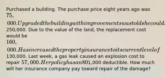 Purchased a building. The purchase price eight years ago was 75,000. Upgraded the building with improvements was told she could sell the property for250,000. Due to the value of the land, the replacement cost would be 160,000. Has increased the property insurance to its current level of130,000. Last week, a gas leak caused an explosion cost to repair 57,000. Her policy has an 80% coinsurance clause and a1,000 deductible. How much will her insurance company pay toward repair of the damage?