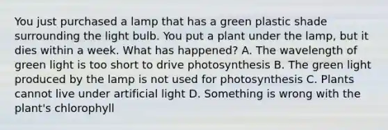 You just purchased a lamp that has a green plastic shade surrounding the light bulb. You put a plant under the lamp, but it dies within a week. What has happened? A. The wavelength of green light is too short to drive photosynthesis B. The green light produced by the lamp is not used for photosynthesis C. Plants cannot live under artificial light D. Something is wrong with the plant's chlorophyll