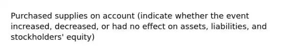 Purchased supplies on account (indicate whether the event increased, decreased, or had no effect on assets, liabilities, and stockholders' equity)