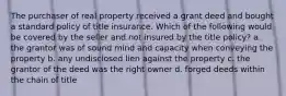 The purchaser of real property received a grant deed and bought a standard policy of title insurance. Which of the following would be covered by the seller and not insured by the title policy? a. the grantor was of sound mind and capacity when conveying the property b. any undisclosed lien against the property c. the grantor of the deed was the right owner d. forged deeds within the chain of title