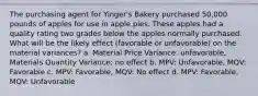 The purchasing agent for Yinger's Bakery purchased 50,000 pounds of apples for use in apple pies. These apples had a quality rating two grades below the apples normally purchased. What will be the likely effect (favorable or unfavorable) on the material variances? a. Material Price Variance: unfavorable, Materials Quantity Variance: no effect b. MPV: Unfavorable, MQV: Favorable c. MPV: Favorable, MQV: No effect d. MPV: Favorable, MQV: Unfavorable