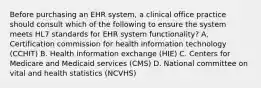 Before purchasing an EHR system, a clinical office practice should consult which of the following to ensure the system meets HL7 standards for EHR system functionality? A. Certification commission for health information technology (CCHIT) B. Health information exchange (HIE) C. Centers for Medicare and Medicaid services (CMS) D. National committee on vital and health statistics (NCVHS)