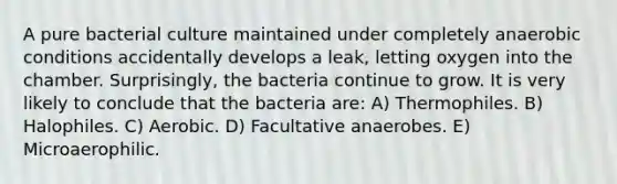 A pure bacterial culture maintained under completely anaerobic conditions accidentally develops a leak, letting oxygen into the chamber. Surprisingly, the bacteria continue to grow. It is very likely to conclude that the bacteria are: A) Thermophiles. B) Halophiles. C) Aerobic. D) Facultative anaerobes. E) Microaerophilic.